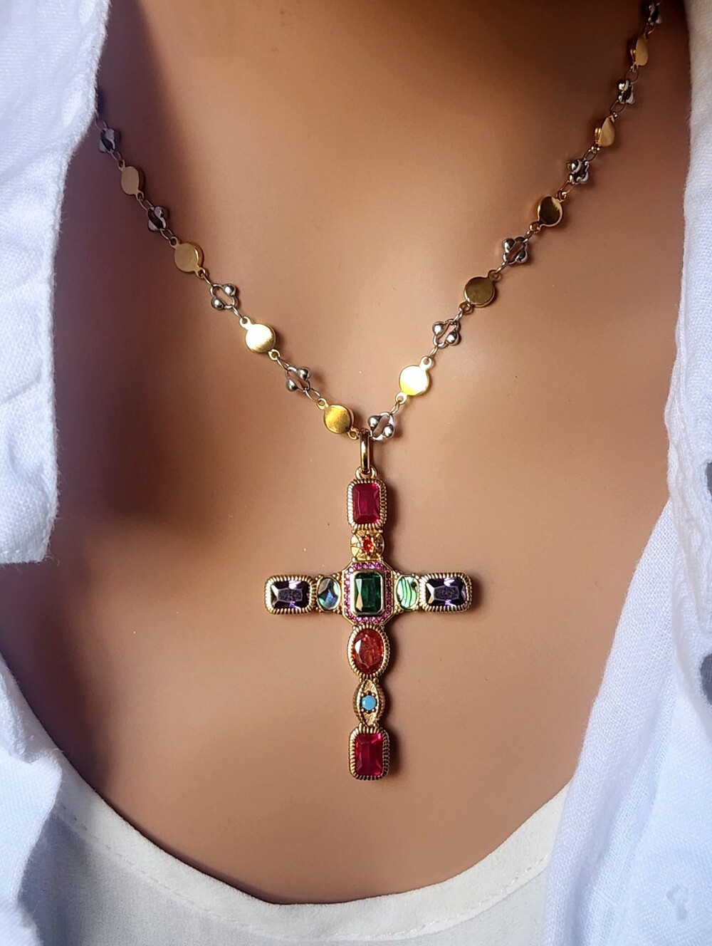 Sterling Silver Cross Vermil 18K Gold Plated Hypoallergenic Natural Spinel Gem
